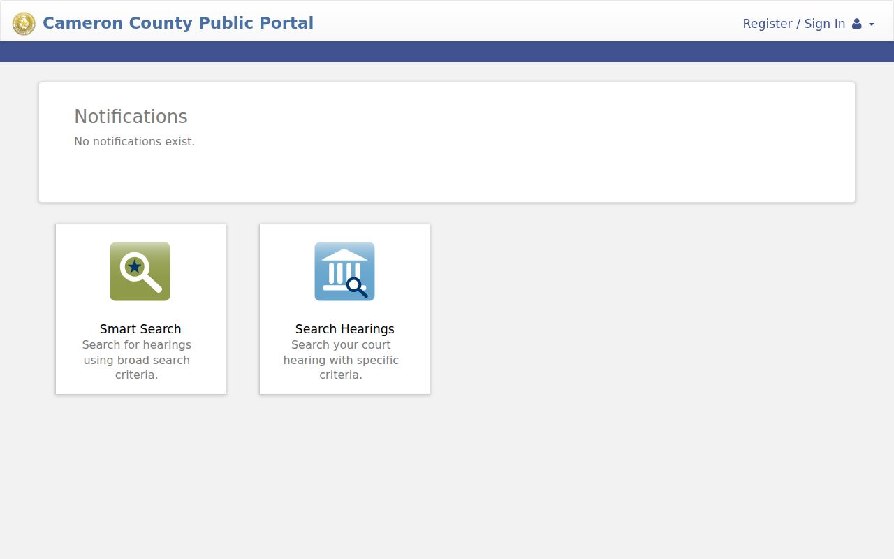 Cameron County warrant lookup context, county Smart Search and Search Hearings interface