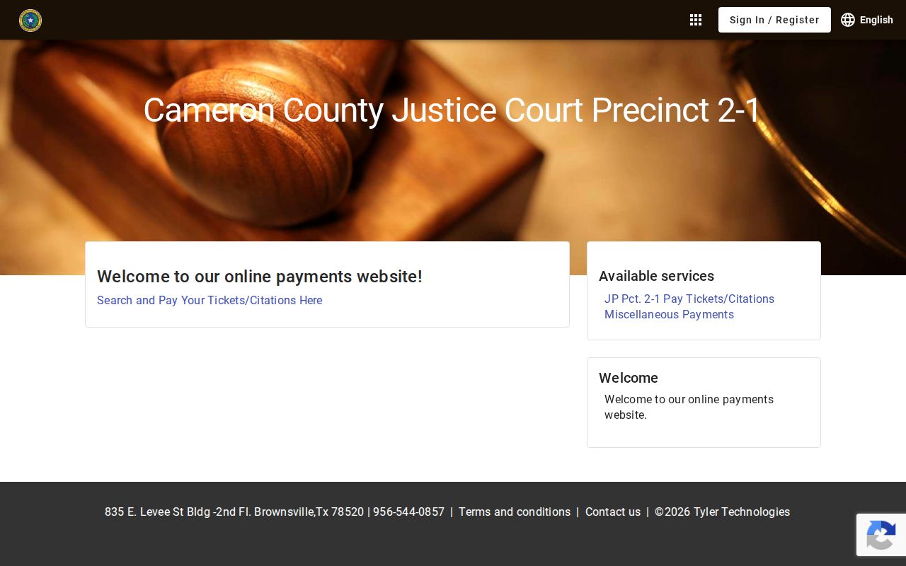 Cameron County traffic warrant lookup context, JP 2-1 citation portal