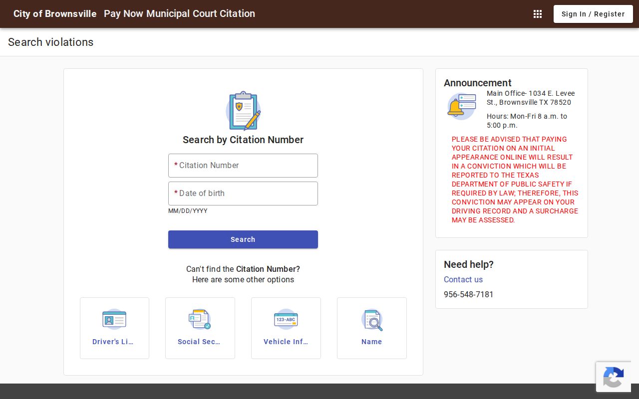 Cameron County warrant lookup context, blank Brownsville citation lookup form