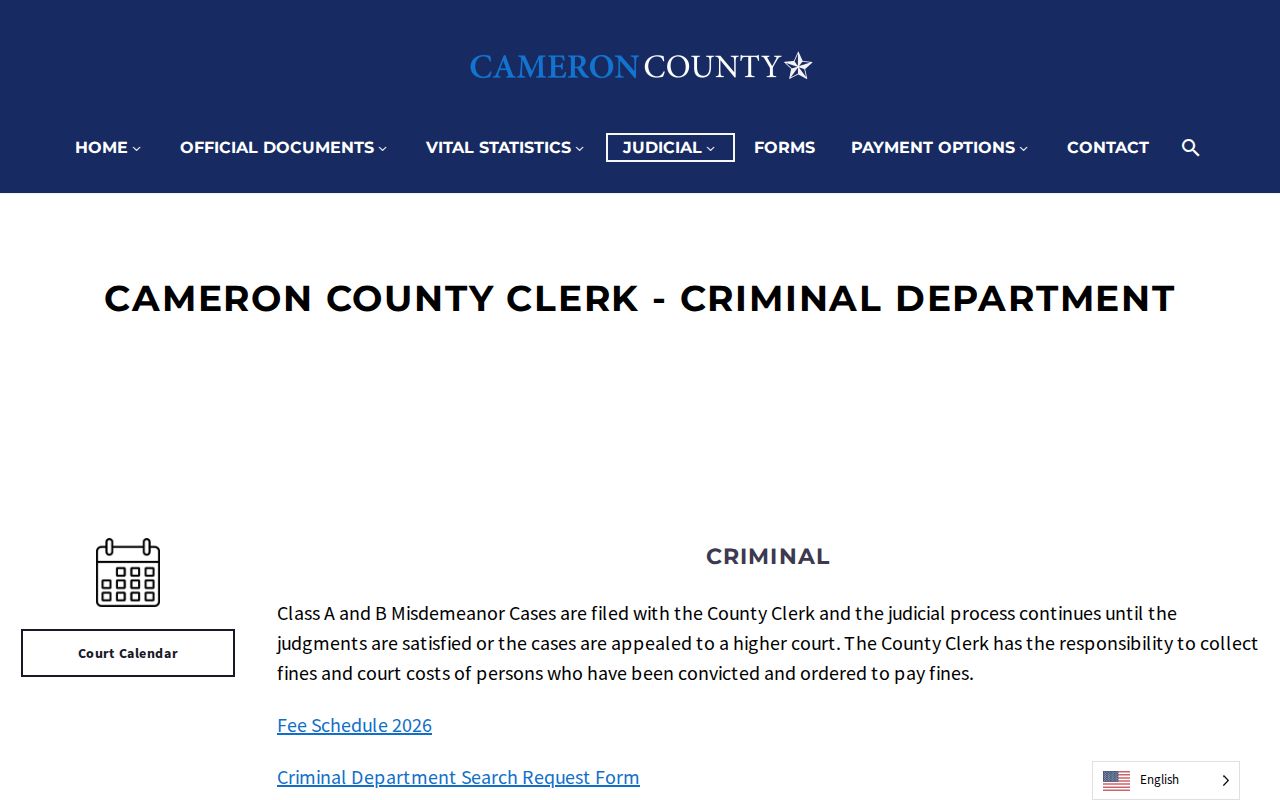 Cameron County Clerk Criminal Department route for misdemeanor warrant records